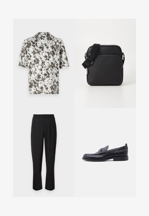 Kurzärmliges Hemd mit Knöpfen aus leichtem Stoff, mit weißem Grund und abstraktem Muster in Schwarz und Grau sowie einem Reverskragen.; Schwarze Hose mit einem elastischen Bund, Knopfverschluss und geradem Beinansatz. Glattes Material, keine sichtbaren Muster oder Akzente.; Schwarzer Lederloafer mit grauem, strukturiertem Vorderblatt, silberner Metallschnalle, niedrigem Absatz und Zuglasche hinten.; Schwarze Leder-Crossbody-Tasche mit strukturierter Oberfläche, ausgestattet mit einer vorderen Reißverschlusstasche, verstellbarem Riemen und metallenen Hardware-Details.