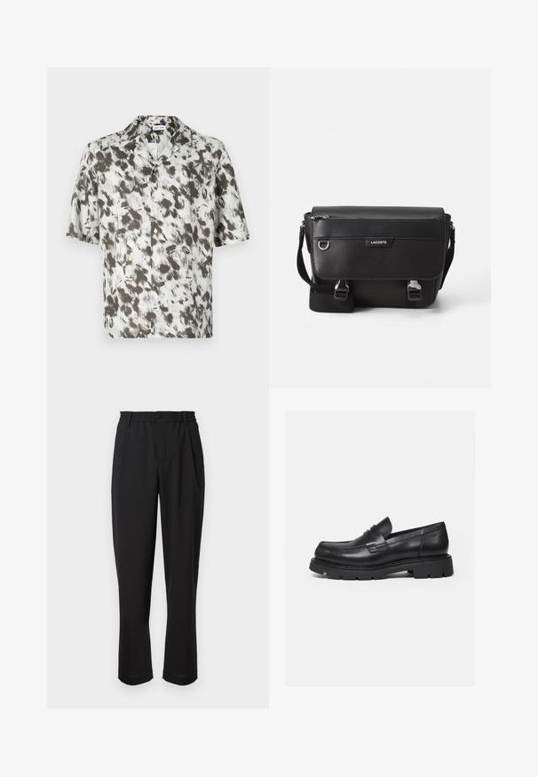Camisa de botón de manga corta en tejido liviano, con una base blanca y un patrón abstracto en negro y gris, y un cuello con muesca.; Pantalones negros con cintura elástica, cierre de botón y diseño de pierna recta. Tejido liso, sin patrones o acentos visibles.; Mocasín negro de cuero con suela gruesa y acanalada y detalle de tira para moneda, mostrado en perfil lateral derecho sobre fondo blanco.; Bolso mensajero Lacoste negro texturizado con correa ajustable, tapa frontal, bolsillo con cremallera y cierres de hebilla metálica.