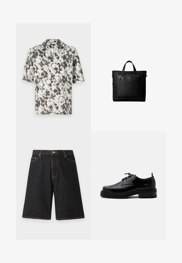 Chemise à manches courtes avec boutons en tissu léger, présentant une base blanche avec un motif abstrait en noir et gris, et un col à encoches.; Shorts en denim noir avec une coupe droite, présentant des coutures orange, cinq poches et une fermeture à bouton en métal à la taille.; Chaussure en cuir noir poli à lacets, semelle en caoutchouc épaisse et talon bas, texte de marque "SAMSOE" sur le côté et languette arrière.; Sac cabas noir avec doubles poignées, grande poche avant en cuir avec fermeture éclair et logo discret Calvin Klein au centre de la poche.