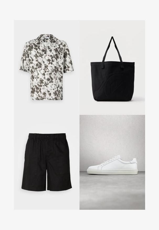 Kortærmet skjorte med knapper i let stof, med en hvid bund og et abstrakt mønster i sort og grå samt en revet krave.; Sorte shorts med elasticiseret talje og knaplukning. Har to store sidelommer med et struktureret stof. Casual design.; Hvide sneakers med en glat læderoverdel og lav profil. Har en rund tå, seks snørehuller og en tekstureret gummisål.; Sort canvas-tote-taske med to skulderstropper og et diskret præget cirkeldesign på fronten.