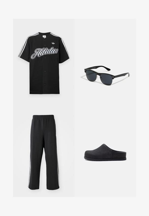 Musta baseball-paita, jossa on valkoiset kolmiraitaiset hihat, suuri "Adidas"-logo edessä ja pieni logo rinnassa. Valmistettu pehmeästä kankaasta.; Mustat hupparit, joissa on joustava vyötärö, valkoisilla sivuraidoilla ja rento istuvuus. Valmistettu pehmeästä, venyvästä kankaasta.; Musta liukukengännyski, jossa on suljettu kärki ja avoin takaosa, litteällä pohjalla ja sivulla hienovarainen brändilogolla.; Mustat aurinkolasit, joilla on suorakulmainen muoto, tummat linssit, hopeiset yksityiskohdat temppeleissä ja matta pinta kehykset.