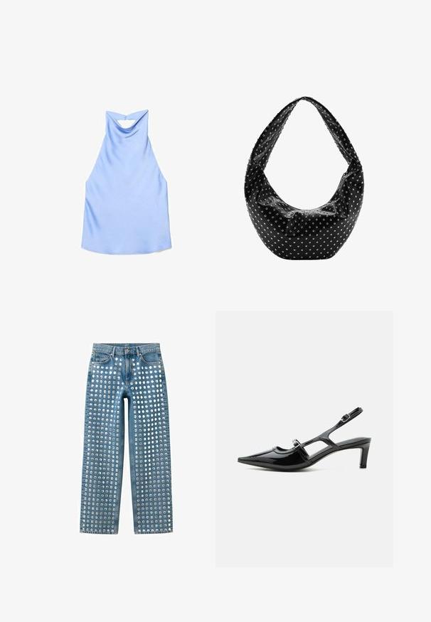 Haut bleu clair sans manches à encolure licou avec un col froncé et une petite fermeture clé à l'arrière.; Jean en denim bleu avec de grands clous circulaires argentés uniformément espacés couvrant le devant de la taille jusqu'à l'ourlet en colonnes verticales.; Chaussure slingback en cuir verni noir à bout pointu, petit talon et deux brides réglables avec boucles, vue de profil latéral.; Sac à main en cuir noir à la forme souple, orné de clous en argent et doté d'une large bandoulière. Texture lisse avec un design froncé.