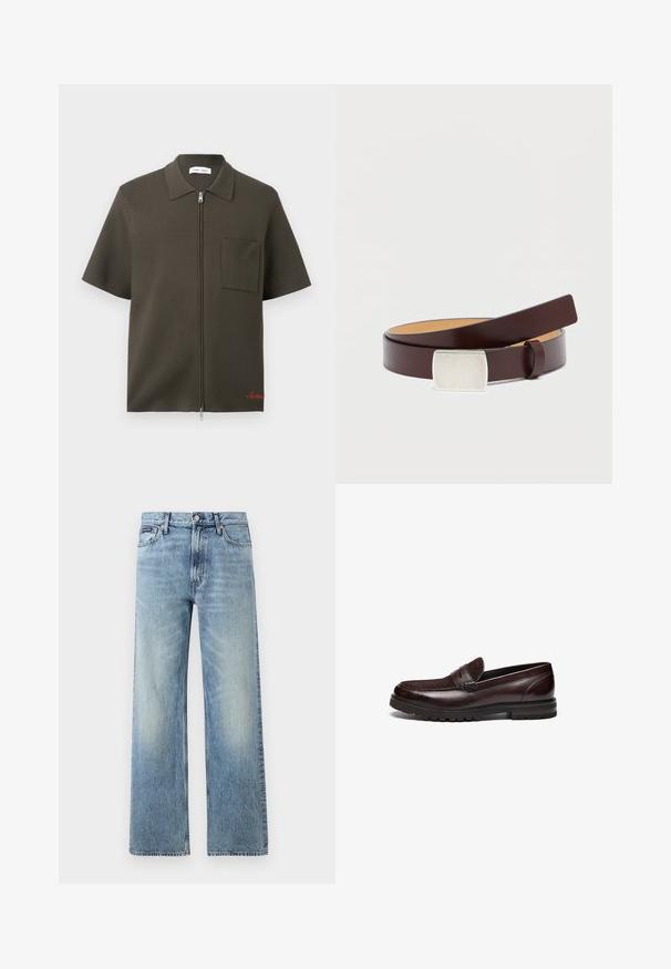 Mørke olivengrøn kortærmet skjorte med lynlås, brystlomme og krave, med rød broderi nær kanten.; Lyseblå denim jeans med lige ben, højt talje, fem lommer, knaplukning og diskrete falmede områder på lår og knæ.; Brune læder loafers med en ruskindsdetalje, rund tå og tekstureret gummisål. Har syet detaljering og en let hæl.; Brunt læderbælte med en rektangulær sølvspænde, glat tekstur og en kontrasterende lysere inderforing. Enkel, klassisk design.