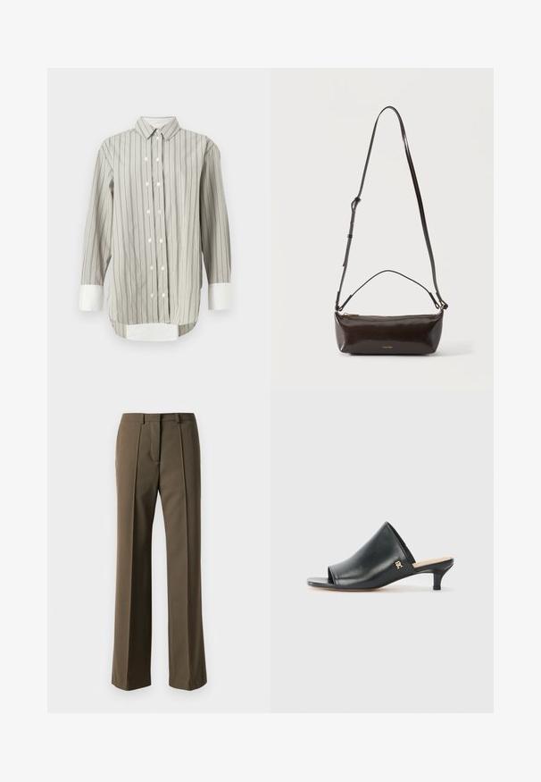 Gestreepte blouse in grijs en wit, met een klassieke kraag, knoopsluiting met witte knopen en contrasterende witte manchetten. Lange mouwen.; Bruine op maat gemaakte broek met een rechte pasvorm, geplooide voorkant en klassieke tailleband. Gemaakt van een zachte stof met een verfijnde afwerking.; Zwarte leren open teen muiltjes met een lage hak. Heeft een glad oppervlak en een gouden logo accent aan de zijkant.; Kleine glanzende donkerbruine leren schoudertas met verstelbare riem, bovenhandvat en gouden ritssluiting.