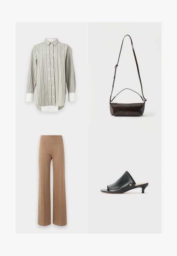 Camisa a rayas en gris y blanco, con un cuello clásico, cierre de botones con botones blancos, y puños en blanco contrastante. Mangas largas.; Pantalones de pierna ancha en un marrón claro, de tejido elástico con una textura suave y una cinturilla alta y elástica. Sin cierre visible ni bolsillos.; Mules de cuero negro de punta abierta con un tacón bajo. Presentan una superficie lisa y un acento del logo dorado en el costado.; Pequeño bolso de hombro de cuero marrón oscuro brillante con correa ajustable, asa superior y cierre de cremallera dorado.