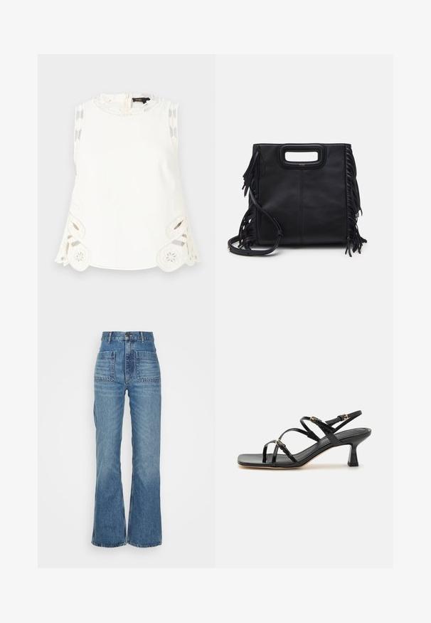 Maje LAURESQUE - Top - ecru; Hoch taillierte blaue Jeans aus Denim mit weitem Bein, zwei Fronttaschen und zwei Gesäßtaschen; strukturiert mit einem ausgewaschenen Look.; Schwarze lackierte Riemchensandalen mit quadratischer Zehenpartie und niedrigem Blockabsatz. Ausgestattet mit vergoldeten Beschlägen und verstellbaren Knöchelriemen.; Schwarze Lederhandtasche mit strukturiertem Design, oberen Griff und Fransenakzenten. Verfügt über einen abnehmbaren Schultergurt für mehr Vielseitigkeit.