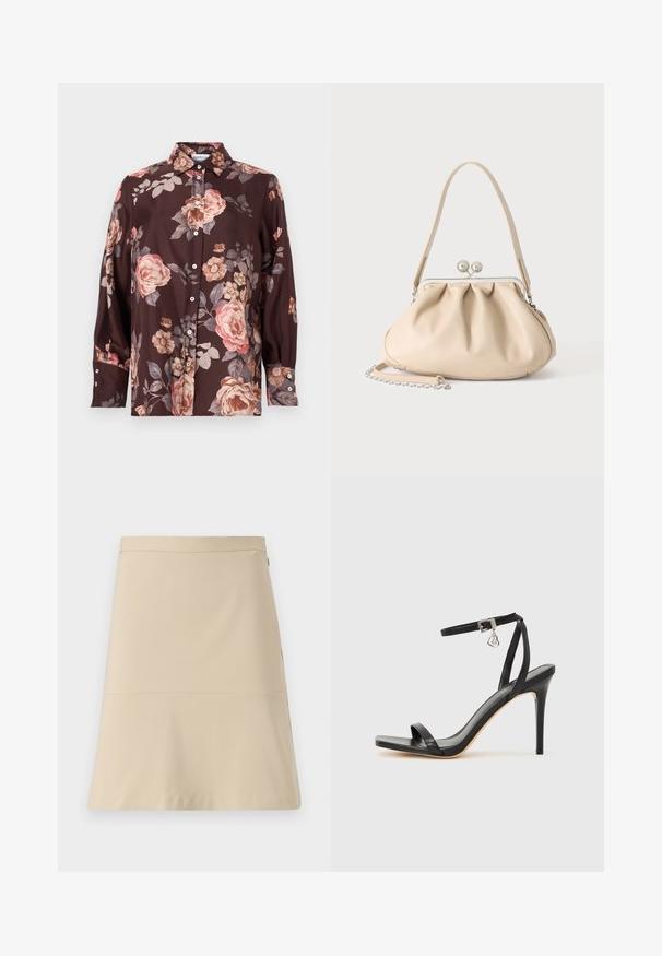 Chemise boutonnée marron foncé avec grands motifs floraux rose et beige. Confectionnée en tissu lisse, manches longues et poignets boutonnés.; Jupe beige à design évasé, texture lisse et détail de couture horizontale autour de la taille. Dispose d'une fermeture éclair sur le côté.; Sandale à talon haut noire avec une bride étroite à la cheville, bout carré, cuir lisse et accent de boucle métallique.; Sac à main en cuir souple beige avec un fermoir en métal argenté, une bandoulière simple et une bandoulière chaîne optionnelle sur fond blanc.