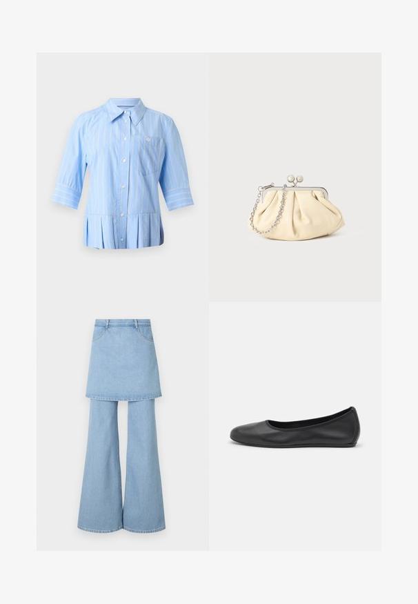 Hellblaues Hemd mit weißen vertikalen Streifen, Dreiviertelärmel, spitzem Kragen, Brusttasche und plissiertem Saum.; Hybrid aus Jeansrock und Hose, aus hellblauem Stoff mit ausgestellten Beinen und sichtbaren Steppnähten. Mit vorderen Taschen und einem Bund gestaltet.; Schwarze Leder-Ballettschuhe mit abgerundeter Spitze, glatter Textur, minimalen Nähdetails und einem flexiblen Sohlen-Design.; Faltige beigefarbene Ledertasche mit einem silbernen Metallrahmen, ausgestattet mit zwei runden dekorativen Verschlüssen und einem silbernen Kettenriemen.