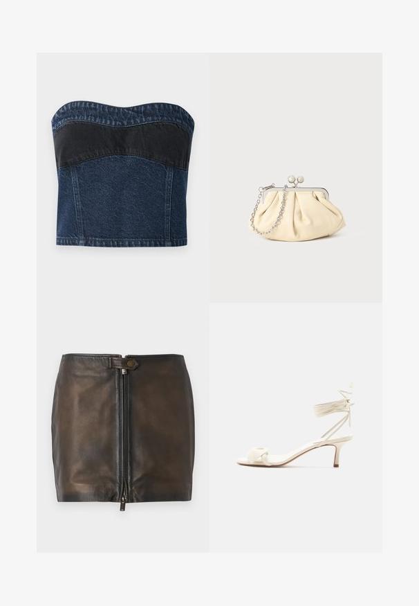 Top sin tirantes de denim con un diseño azul oscuro y un panel negro en la parte superior, textura suave y escote curvado.; Minifalda de cuero negro con cierre de cremallera frontal, textura suave y una cinturilla estrecha. Presenta un pequeño acento metálico en la cinturilla.; Sandalia de tacón bajo color crema con lazos alrededor del tobillo y una amplia tira retorcida sobre los dedos, sobre un fondo blanco liso.; Clutch de cuero beige plisado con un marco de metal plateado, que cuenta con dos broches decorativos redondos y una correa de cadena plateada.