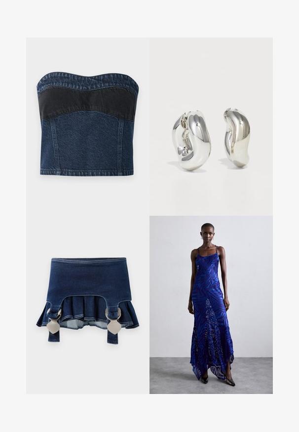 Denim strapless top med et mørkeblåt design og en sort panel over den øverste sektion, glat tekstur og buet halsudskæring.; Denimnederdel med en udvidet bund. Har to justerbare grå spænder, mørkeblå farve og kontrasterende syninger langs kanten.; Blå og lilla dyreprint maxi kjole med tynde stropper, en tætsiddende bodice, flagrende kant og gennemsigtig overlay-detaljering.; Sølvskulpturelle øreringe med glatte, buede former og reflekterende overflader. Har et lukket hoop-design og en markant organisk form.