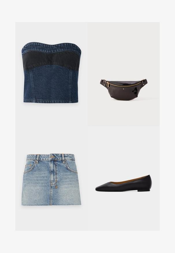 Denim strapless top med et mørkeblåt design og en sort panel over den øverste sektion, glat tekstur og buet halsudskæring.; Lys blå denim mini-nederdel med en tætsiddende talje, frontknaplukning og to sidelommer. Har rå kanter og kontrasterende syninger.; Sort læder flad sko med spids tå, lav hæl og glat finish, vist fra siden på en lysegrå baggrund.; Sort, blank, læder bæltetaske med et buet design, guld lynlås accent, justerbar strop og små dekorative hardware.