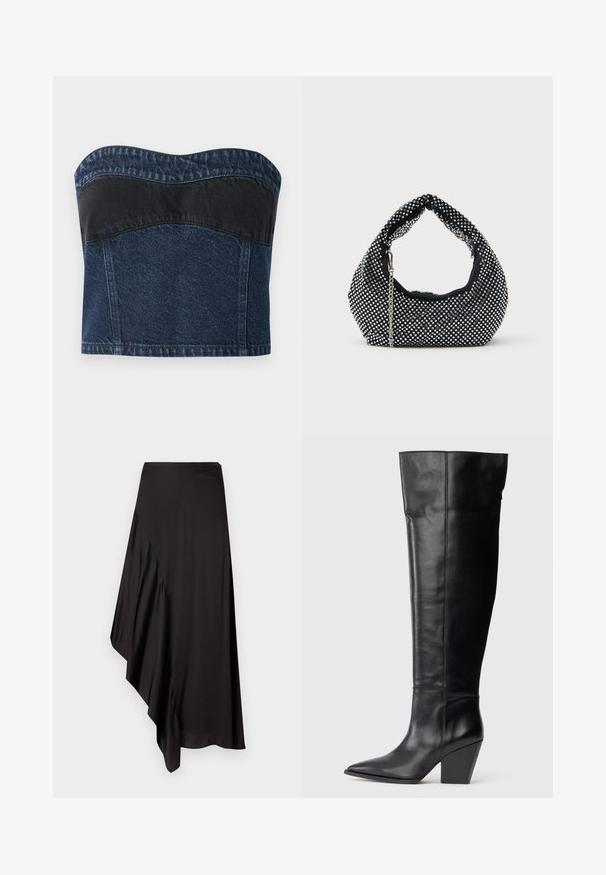 Denim strapless top met een donkerblauw ontwerp en een zwarte paneel over het bovenste gedeelte, een gladde textuur en een gebogen halslijn.; AERON ASTER SKIRT - Kokerrok - black; Hoge zwarte leren laars met een spitse neus en een hoge, schuine blokhak, voorzien van verticale stiksels langs de schacht.; Zwarte mesh handtas versierd met zilveren studs, met een gebogen handvat en een kettingschouderriem. Zachte textuur met een ronde vorm.