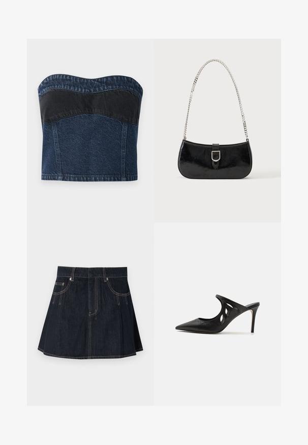 Denim strapless top med et mørkeblåt design og en sort panel over den øverste sektion, glat tekstur og buet halsudskæring.; Denimnederdel i mørkeblå, med en flagrende design, bæltestropper, forvægspockets og kontraststing langs sømmene.; Sorte læder højhælede mules med spids tå, udskåret sideskærm og glat tekstur. Stiletthæl og subtil syning.; Sort skuldertaske i laklæder med sølv spænde og sølv kæderem, vist mod en ensartet lys baggrund.