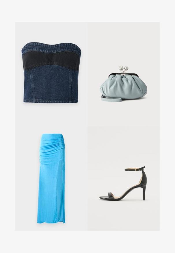 Denim strapless top med et mørkeblåt design og en sort panel over den øverste sektion, glat tekstur og buet halsudskæring.; Blå velour maxi meget med sammensyninger ved taljen, med en sideslids og glat tekstur for en flydende silhuet.; Sort læder højhælede sandaler med ankelrem. Har en glat tekstur, åben tå og en tynd hæl. Guldtonet spænde detalje.; Lille lyseblå læder møntpung med sølv metal kysse-lås og kort håndledsrem på ensfarvet baggrund.
