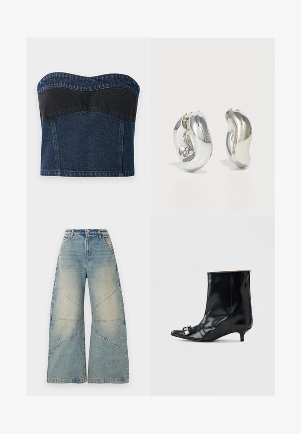 Haut sans bretelles en denim avec un design bleu foncé et un panneau noir sur la partie supérieure, texture lisse et décolleté arrondi.; Jean bleu clair à jambes larges, taille haute, fermeture par bouton et zip, poches avant et détails de coutures diagonales.; Bottine en cuir noir avec bout pointu, petit talon kitten bas et boucle décorative en argent sur le côté près de l'orteil.; Boucles d'oreilles sculpturales en argent avec des formes douces et courbes et des surfaces réfléchissantes. Présentent un design de boucle fermée et une forme organique distincte.