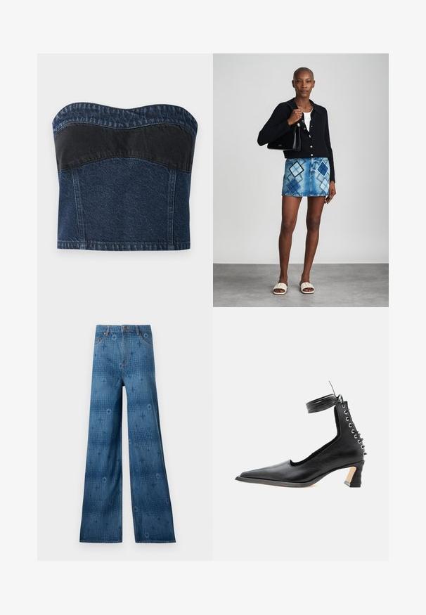 Teksasest ilma õlavarretoeta tops, millel on tume sinine disain ja must paneel ülemises osas, sile tekstuur ja kumer kaelus.; Tumedat jalad denim püksid tumesinises toonis, millel on peen ühtlane muster ja klassikaline viiekohaline disain. Õmblused eristuvad kangast.; Mustast nahast madala kontsaga king terava varbaosaga, tagaküljel paeltega detail ning pahkluu ümber mähitud rihm, valgel taustal.; Mustmustri kootud kardigan, valge topp, sinise ja musta rombimustriga teksaseelik, must käekott ja beežid libisemisega sandaalid.