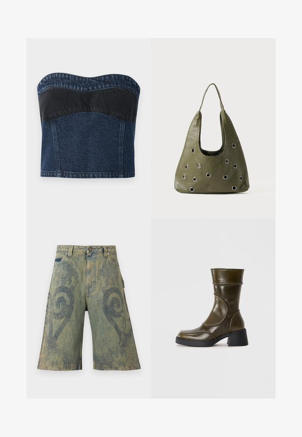 Haut sans bretelles en denim avec un design bleu foncé et un panneau noir sur la partie supérieure, texture lisse et décolleté arrondi.; Paolina Russo Short en jean - sand; Bottine en cuir vert olive avec un bout arrondi, un panneau élastique et un talon épais noir. Texture lisse et détails de couture subtils.; Sac en cuir vert olive avec une surface texturée, de design hobo, et des découpes circulaires. Présente un logo en bas et une seule bandoulière.