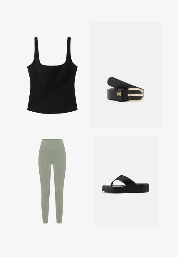 Sort ærmeløs top med firkantet halsudskæring, tætsiddende pasform, brede stropper og paneldetaljer foran.; Højtaljede leggings i en lys grøn farve. Glat tekstur med et tætsiddende design, der snævrer ind ved anklen. Ingen synlige mønstre eller hardware.; Sort platform flip-flop sandal med bred læderrem og polstret sål, vist i sideprofil på en ensfarvet lys baggrund.; Sort læderbælte med en spænde i guldtonet metal, der har en glat overflade og en justerbar længde. Indeholder en lille hardwaredetalje nær spændet.