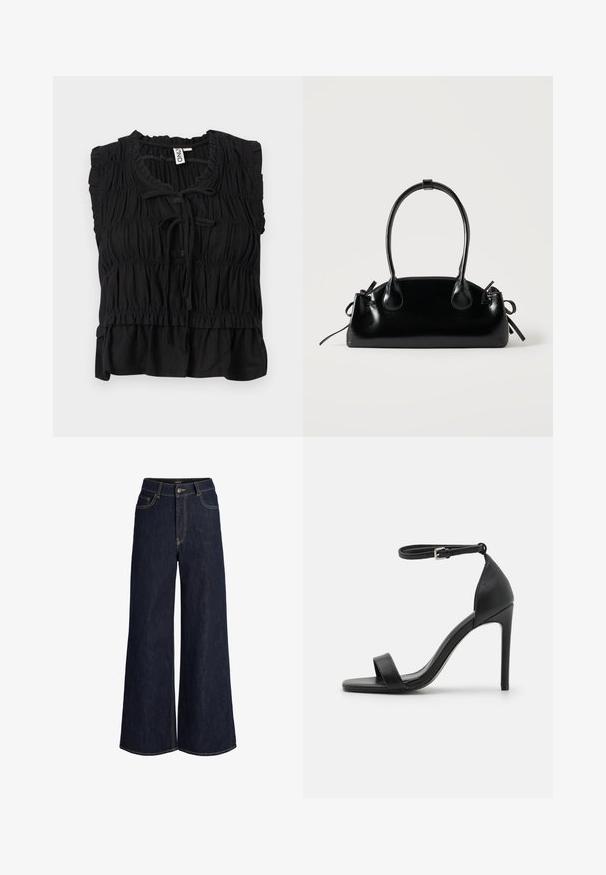 Sort ærmeløs bluse med samlet stof, flæsekant, bindelukning foran og en let udvidet kant.; Mørkeblå vidde jeans med frontknap og lynlås, for- og møntlommer samt synlige kontrastsømme.; Sort højhælet sandal med et sleek design, der har en ankelrem, åben tå og glat lædertekstur.; Lille sort blank håndtaske med to lange håndtag og snøre-detaljer i siden på en ensfarvet lys baggrund.