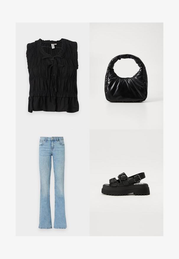 Schwarze ärmellose Bluse mit gerafftem Stoff, Rüschen am Saum, vorderer Bindung und leicht ausgestellt geschnittenem Saum.; Hellblaue Jeans aus Denim mit hoher Taille und ausgestellten Beinen, ausgestattet mit vorderen Taschen, Gürtelschlaufen und einem Knopfverschluss.; Schwarze Plateausandalen mit drei verstellbaren Schnallenriemen, einer strukturierten Sohle und einem glatten Obermaterial. Entworfen mit einer robusten, klobigen Silhouette.; Schwarze gepolsterte Handtasche mit einem runden Griff, die eine glatte, glänzende Oberfläche und eine weiche, gestepfte Textur aufweist. Keine sichtbare Hardware oder Akzente.