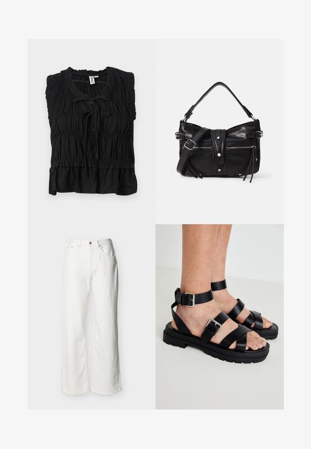 Sort ærmeløs bluse med samlet stof, flæsekant, bindelukning foran og en let udvidet kant.; Hvide jeans med høj talje, knap- og lynlåslukning, forlommer og let udvidede ben, vist på en ensfarvet baggrund.; Sorte lædersandaler med brede remme og en ankelspænde. Kraftig sål med tekstureret overflade. Åben tå-design for åndbarhed.; Even&Odd by Zalando H24462 - Håndtasker - black