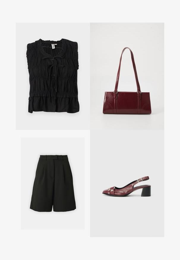 Zwarte mouwloze blouse met geplooide stof, gerafelde randen, sluiting met strik aan de voorkant en een licht uitlopende zoom.; Vero Moda Tall VMBECCA BERMUDA - Shorts - black; Bordeaux leren slingback schoen met een ronde neus, gebogen ontwerp, zilveren hardware accenten en een blokhak. Textuurafwerking.; Bourgondische handtas van glanzend materiaal, rechthoekige vorm, met twee schouderbanden en subtiele gebogen accenten aan de voorkant.
