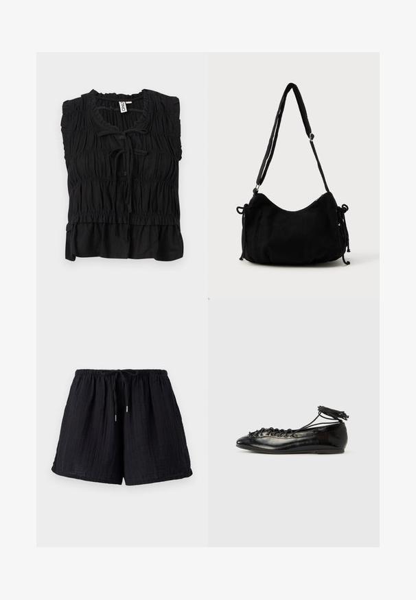 Blouse noire sans manches avec tissu froncé, bords à volants, fermeture nouée à l'avant et ourlet légèrement évasé.; Shorts en coton noir avec une finition texturée et froissée. Présentent une taille élastique et un cordon de serrage ajustable pour le confort et l'ajustement.; Ballerines en cuir verni noir avec un bout rond, un design à lacets et une semelle plate. Texture lisse avec peu de détails.; Sac à épaule en velours côtelé noir avec une forme courbée, bandoulière réglable et fermetures à cordon des deux côtés pour un ajustement de taille.