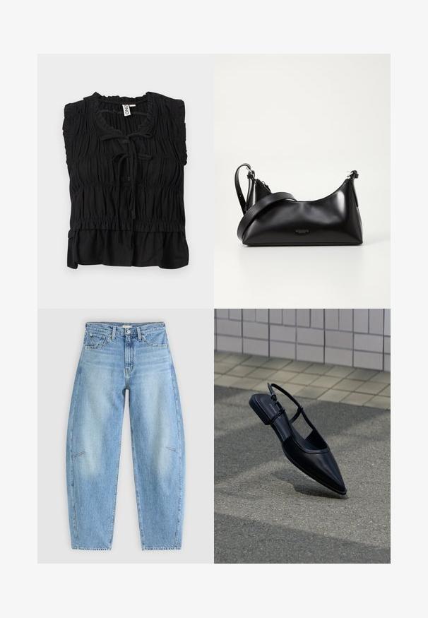 Sort ærmeløs bluse med samlet stof, flæsekant, bindelukning foran og en let udvidet kant.; Lyseblå denimjeans med en afslappet pasform, der har høj talje, lige ben og diskrete syninger på frontlommen.; Sort slingback-flad sko med spids tå, svævende over en asfaltflade ved siden af en flisebelagt fortov.; Sort læderhåndtaske med en glat tekstur. Har en justerbar stropp og et enkelt, minimalistisk design med lynlås.