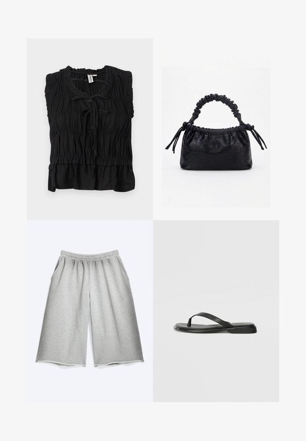 Blouse noire sans manches avec tissu froncé, bords à volants, fermeture nouée à l'avant et ourlet légèrement évasé.; Shorts larges gris clair longueur genoux avec taille élastique et poches latérales sur fond blanc uni.; Tongs noires en cuir lisse, avec un design de sangle fine et une semelle plate à profil minimal. Aucun motif ou accent notables.; Sac à main noir avec texture crocodile, bord supérieur froncé, poignée plissée et pompons à cordon de chaque côté sur fond blanc.