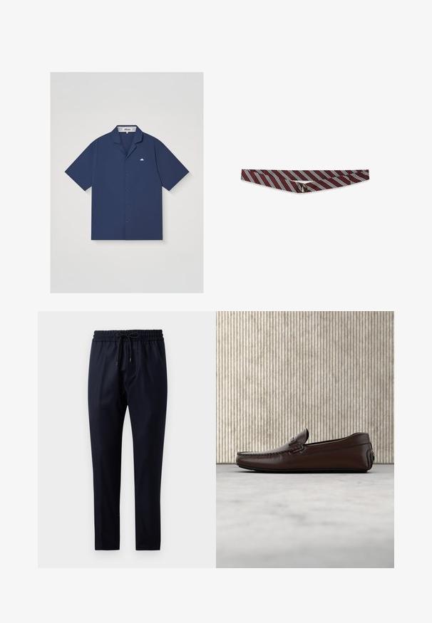 Chemise bleu marine à manches courtes avec col de type camp et petit logo blanc Ellesse sur la poitrine gauche.; Pantalon bleu marine en tissu doux, avec une taille élastique et un cordon de serrage, coupe droite et sans motifs ni accents visibles.; Mocassins en cuir marron avec une finition lisse, des coutures de style mocassin, un bout rehaussé et une semelle en caoutchouc basse et flexible.; Ceinture en tissu bordeaux avec des rayures diagonales blanches et noires, fixée par une boucle double en D métallique, posée à plat sur un fond blanc.