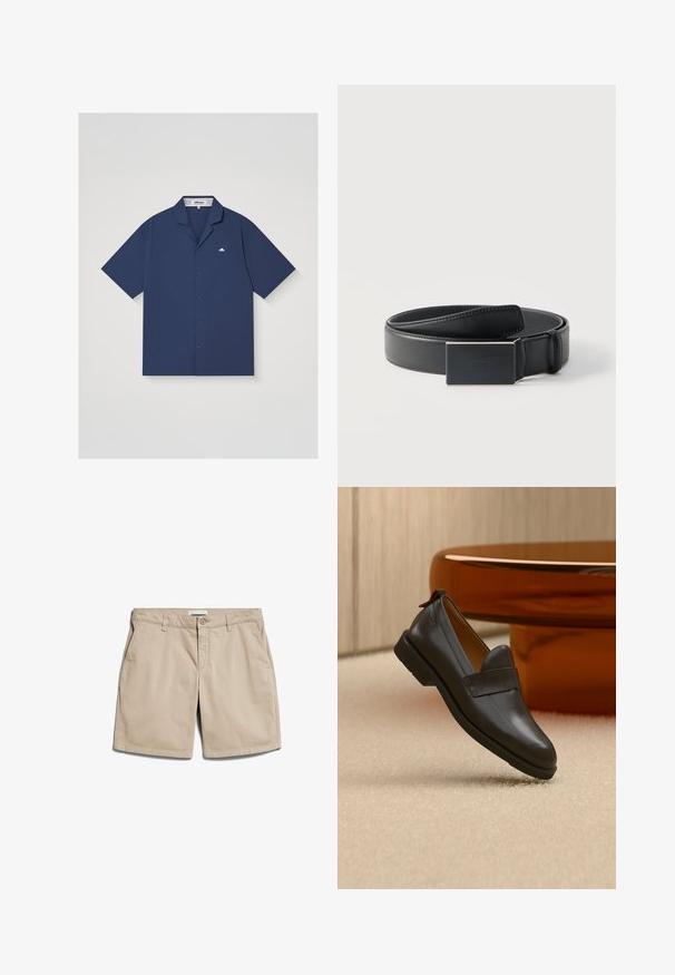 Marineblaues kurzärmeliges Hemd mit Knopfleiste, Camp-Kragen und kleinem weißem Ellesse-Logo auf der linken Brust.; Beige Shorts aus leichtem Stoff, mit flachem Bund, schrägen Seitentaschen und einer einzelnen Gesäßtasche mit Knopfverschluss.; Schwarzer Lederloafer mit niedrigem Absatz, der über einem beigen Teppich schwebt, neben einem glänzenden bernsteinfarbenen Tisch in einem minimalistischen Raum.; Schwarzer Ledergürtel, aufgerollt mit einer rechteckigen mattschwarzen Schnalle und dezent geprägt mit Logo auf weißem Hintergrund.