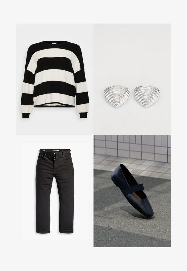 Schwarz-weißer, gestreifter Strickpullover mit Rundhalsausschnitt, langen Ärmeln, gerippten Bündchen und weichem Material, das abwechselnd breite Streifen aufweist.; Schwarze Denim-Jeans mit geradem Bein, ausgestattet mit einem Knopfverschluss, fünf Taschen und dezentem Stickdetail. Angenehme Textur.; Schwarze Leder-Ballerina mit runder Zehenpartie, ausgestattet mit einem weichen schwarzen Elastikband über dem Vorderfuß. Glatte Textur und minimalistisches Design.; Ohrringe in Silberoptik mit einem wellenförmigen, strukturierten Design, das wie überlappende Halbmonden geformt ist; die polierte Oberfläche verstärkt die reflektierenden Eigenschaften.