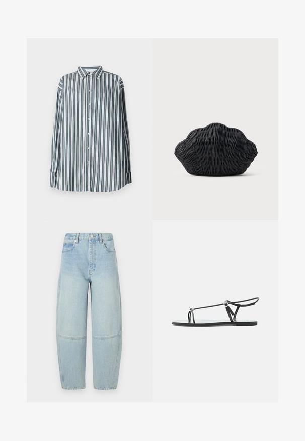 Chemise à boutons rayée en vert, blanc et gris. Présente des manches longues, un col classique et une coupe ample. Réalisée en tissu léger.; FRAME THE TWISTED - Jean boyfriend - light blue; Sandale plate noire avec fines lanières, une boucle pour les orteils et une boucle de cheville ajustable sur un fond gris clair.; Sac à main en osier noir en forme de coquille Saint-Jacques avec un dessus courbé et une texture tressée sur un fond uni.
