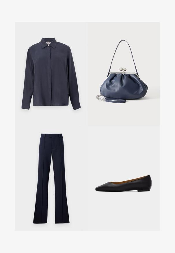 Donker marineblauw langemouwen shirt van gladde stof, met een klassieke kraag en knoopsluiting aan de voorkant. Losse pasvorm met manchetten.; Navyblauwe, uitlopende broek gemaakt van een gladde stof. Heeft een platte voorkant, riemlussen en persplooien. Geen zichtbare patronen of accenten.; Zwarte leren puntschoen met lage hak en gladde afwerking, zijaanzicht op een lichtgrijze achtergrond.; Zachte navyblauwe leren handtas met zilveren sluiting, enkele schouderband en afneembare ketting polsband op witte achtergrond.
