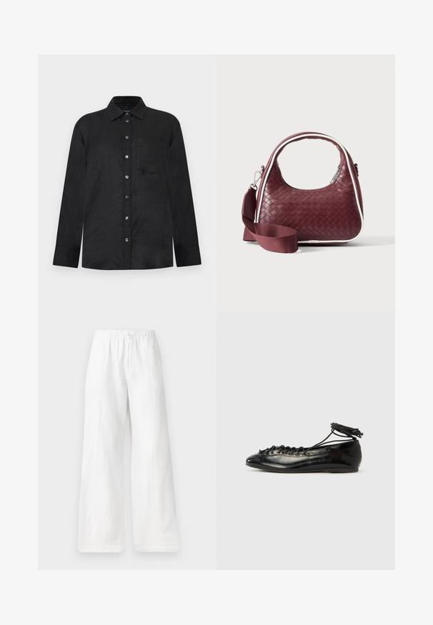 Chemise noire à manches longues avec boutons, col et une poche poitrine, présentée sur un fond gris clair.; Pantalons larges en lin blanc avec une taille élastique et un cordon de serrage, présentant des coutures latérales et une texture lisse. Sans poches.; Ballerines en cuir verni noir avec un bout rond, un design à lacets et une semelle plate. Texture lisse avec peu de détails.; Sac à main en cuir tressé marron foncé avec poignée courbée, garniture blanche, fermeture éclair argentée et bandoulière large en tissu amovible sur fond uni.