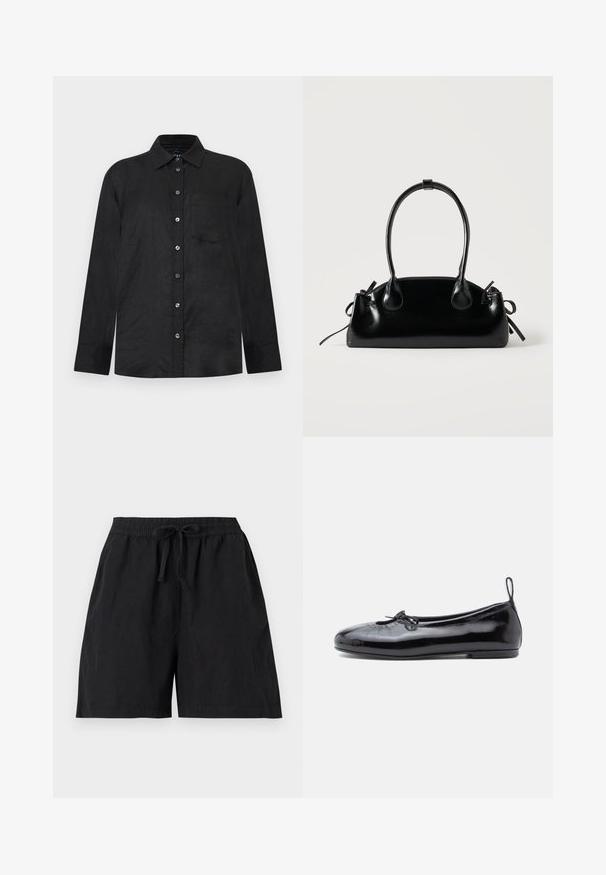 Chemise noire à manches longues avec boutons, col et une poche poitrine, présentée sur un fond gris clair.; Short noir décontracté avec ceinture élastique et cordon à l'avant, avec poches latérales et coupe ample.; Ballerine en cuir verni noir avec un bout rond, un petit nœud décoratif et une texture lisse ; présente une semelle plate basse et une languette au talon.; Petit sac à main noir brillant avec deux longues anses et des détails à cordon sur les côtés sur un fond clair uni.
