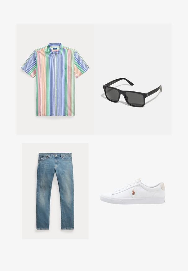 Kortærmet skjorte med knapper og lodrette striber i blå, grøn, orange, rød og hvid, med krave og brystlomme med logo.; Lyseblå denimjeans med lige snit, knaplynlås, fem lommer, diskret slid og syninger som detalje.; Hvide kanvas sneakers med lågtop design, prydet med en beige hælkappe og et lille broderet logo på siden. Gummisål.; Sorte rektangulære solbriller med mørke linser og mat finish. Har et præget "POLO"-logo på stængerne og et robust rammedesign.