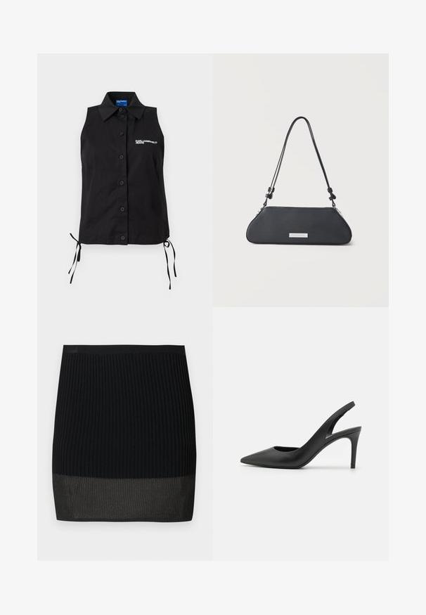 Chemisier noir sans manches à boutons, avec col, liens sur les côtés et logo blanc "KARL LAGERFELD JEANS" sur la poitrine gauche.; Mini-jupe en tricot côtelé noir avec une bande inférieure contrastante d'une teinte légèrement plus claire, présentant une silhouette ajustée et une taille élastique.; Escarpins à talon aiguille en cuir noir, avec un design à bout pointu, présentant une découpure à l'avant et un talon fin.; Sac d'épaule en cuir noir avec une forme trapézoïdale allongée, une sangle réglable et une plaque de marque rectangulaire argentée à l'avant.