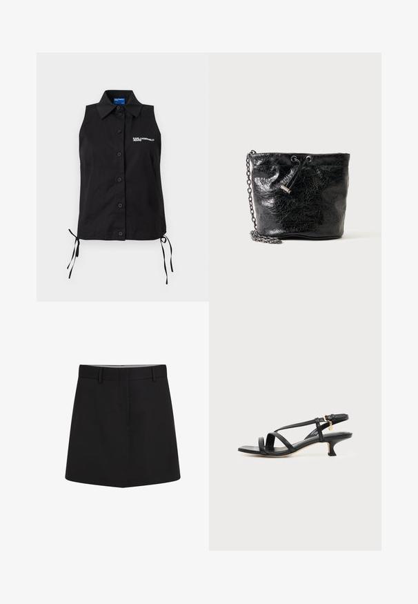 Chemisier noir sans manches à boutons, avec col, liens sur les côtés et logo blanc "KARL LAGERFELD JEANS" sur la poitrine gauche.; Shorts noirs en tissu lisse, présentant un design ajusté avec une taille plate et des poches latérales. Silhouette épurée et minimaliste.; Sandale noire en cuir à brides fines, talon bas kitten, boucle à la cheville et petit pendentif doré sur fond clair uni.; Sac seau en cuir noir brillant avec fermeture à cordon et bandoulière chaîne métallique sur fond uni.