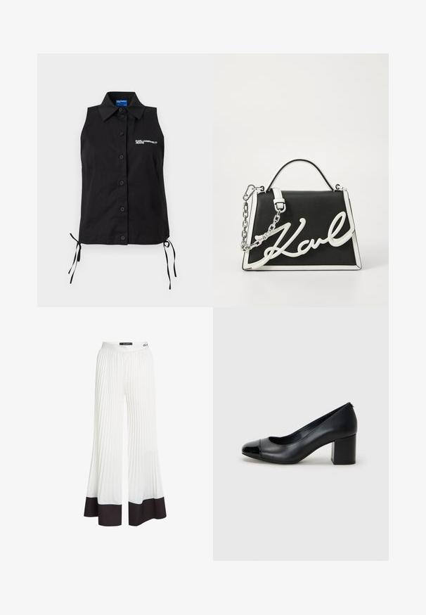 Chemisier noir sans manches à boutons, avec col, liens sur les côtés et logo blanc "KARL LAGERFELD JEANS" sur la poitrine gauche.; Pantalons plissés blancs avec un design à jambes larges et des poignets noirs au bas. Fabriqués en tissu léger avec une taille élastique.; Escarpin en cuir noir avec un capuchon de pied brillant et un talon épais. Texture lisse et design arrondi avec une ouverture subtile à l'avant.; Sac à main en cuir noir avec des accents blancs. Dispose d'une bandoulière en chaîne, d'une forme structurée et d'un logo blanc bien en vue. Texture lisse.