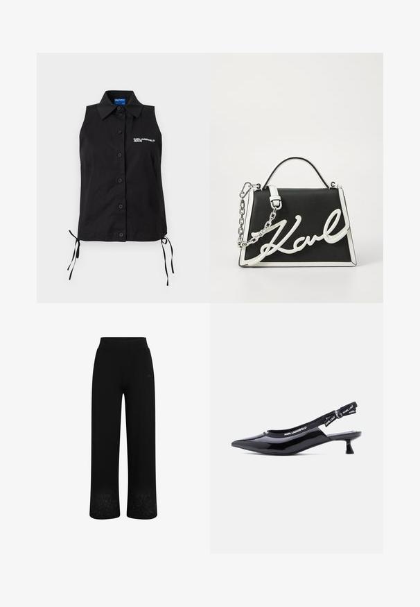 Varrukateta must nööpidega särk kraega, külgedel paelad ja valge "KARL LAGERFELD JEANS" logo vasakul rinnal.; Mustad mustad püksid laiade jalgadega disainiga, elastse vöökohtaga ja lilleline tikand allääres. Valmistatud pehmest ja elastsetest kangast.; Mustast lakknahast rihmik-kitsas kontsakinga terava varbaosaga ja kaubamärgiga elastse rihmaga, millel on tekst "KARL LAGERFELD."; Mustmust mustkott, millel on valged aktsendid. Omab ahel-rihma, struktureeritud kujundust ja silmapaistvat valget logo detaili. Sile tekstuur.