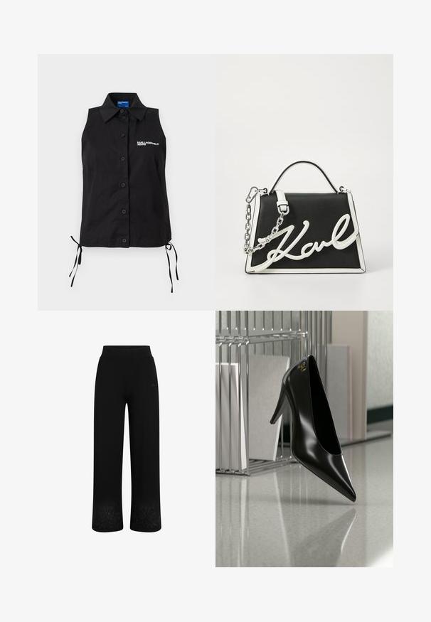 Camisa negra sin mangas con botones, cuello, lazos laterales y logo blanco "KARL LAGERFELD JEANS" en el lado izquierdo del pecho.; Pantalones de chándal negros con un diseño de pierna ancha, cintura elástica y bordado floral en el dobladillo. Fabricados con una tela suave y elástica.; Zapato de tacón alto negro con punta afilada y logo dorado, colocado sobre una superficie reflectante cerca de un organizador de archivos de alambre cromado con documentos.; Bolso de mano de cuero negro con acentos blancos. Presenta una correa de cadena, forma estructurada y un destacado detalle del logo en blanco. Textura suave.