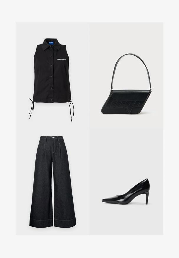 Varrukateta must nööpidega särk kraega, külgedel paelad ja valge "KARL LAGERFELD JEANS" logo vasakul rinnal.; Laia musta denimitest vöökohaga püksid, millel on ees voldid, nööbikinnitus ja kontrastsete õmblustega servad.; Mustmust musta kõrge kontsaga king, millel on terav varvas, sile tekstuur ja kitsenev konts. Minimalistlik disain, ilma täiendavate kaunistusteta.; Mustast nahast kolmnurkse kujuga õlakott, reljeefse logoga ja ühe reguleeritava rihmaga. Minimalistlik disain ja sile tekstuur.