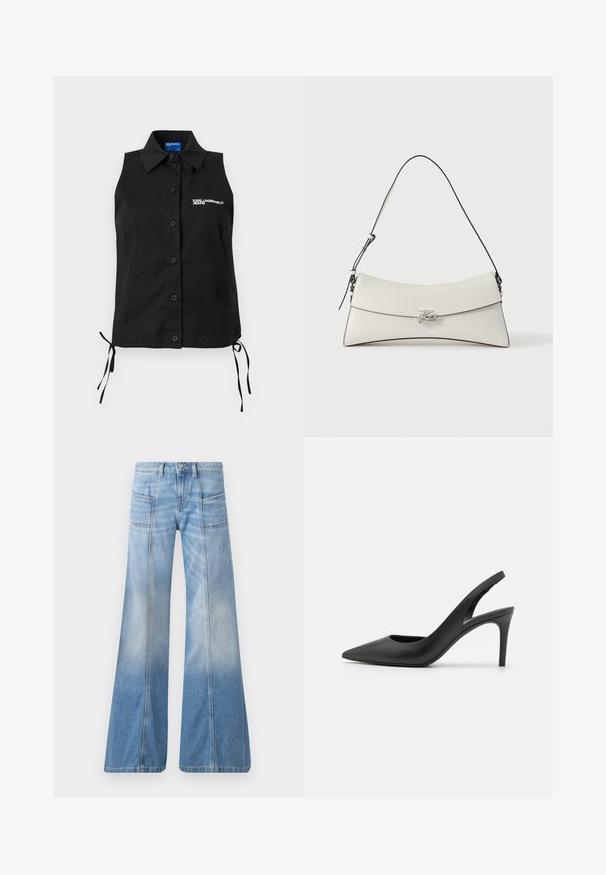 Varrukateta must nööpidega särk kraega, külgedel paelad ja valge "KARL LAGERFELD JEANS" logo vasakul rinnal.; Heledad helesinine flair-stiilis teksapüksid, mis on valmistatud denimist. Omavad kõrget vööd, neli taskut ja pleekinud gradientefekti allääres.; Must musta sanga, millel on terav nina ja esiosas lõige, ning õhuke stiletto konts.; Valge nahk õlakott kaareva klapi, musta äärega, reguleeritava rihma ja hõbedase dekoratiivse klambriga ühevärvilisel taustal.