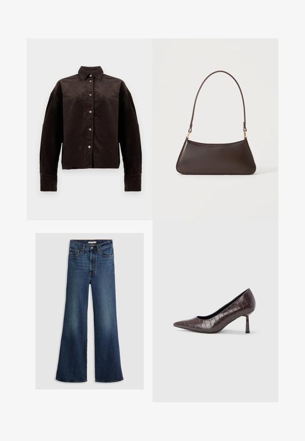 Camisa de pana marrón con cuello de camisa, botones en la parte frontal y mangas largas. Presenta una tela texturizada y un ajuste ligeramente oversize.; Jeans de pierna ancha en denim azul oscuro, con una cintura alta, diseño de cinco bolsillos y costuras en contraste a lo largo de las costuras y la cinturilla.; Tacones puntiagudos de cuero sintético marrón con textura de cocodrilo, con un tacón delgado y angular y un forro interior suave.; Bolso de mano de piel marrón oscura con cremallera superior curva y una correa fina para el hombro con cierres dorados sobre un fondo liso.