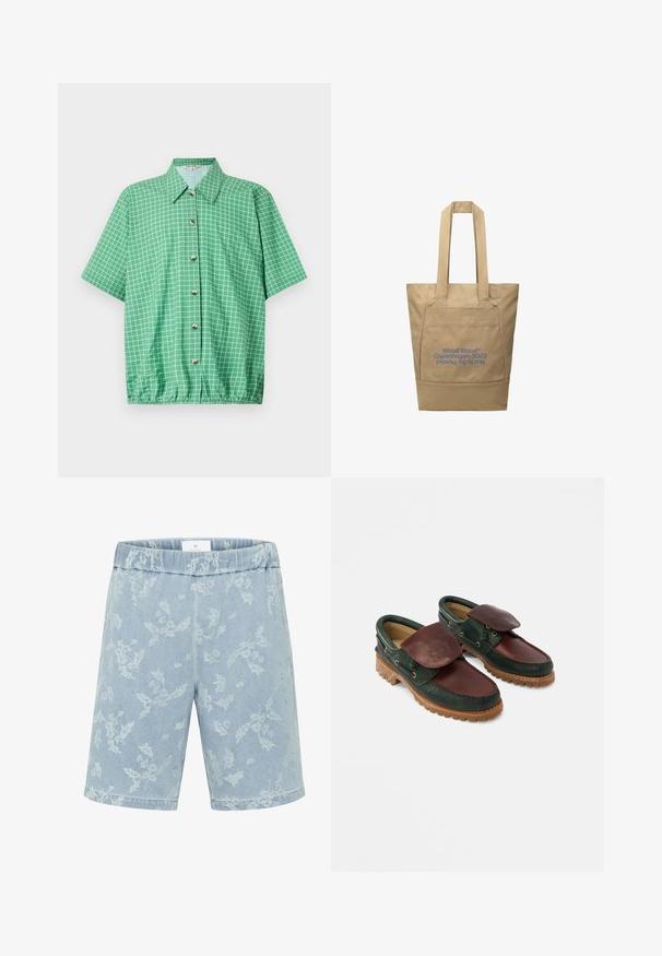 Grünes Kurzarmhemd mit Rastermuster, ausgestattet mit durchgehendem Knopfverschluss, Kragen und einem elastischen Saum für eine lockere Passform.; Hellblaue Jeansshorts mit einem dezenten Blumenmuster, elastischem Bund und geradem Schnitt. Keine sichtbaren Taschen.; Lederschuhe mit einem dunkelgrünen Oberteil und einem bordeauxroten oberen Teil, runder Spitze, gesichertem Klappverschluss und einer strukturierten Gummisohle mit Rillen.; Beige Leinwandtasche mit langen Griffen und Fronttasche, mit blauem Text "Wood Wood® Copenhagen, 2002 Not to Be Trusted", der auf dem Kopf gedruckt ist.