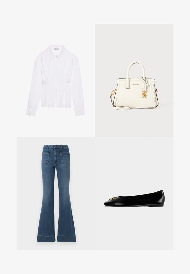 Hvid langærmet bluse med klassisk krave, knaplukning foran og samlede side detaljer. Glat stof med en skræddersyet form.; Bredde blå jeans i en medium vask med høj talje, fem lommer og let falmning ved knæene og lårene.; Sort læder flad sko med en guldfarvet dekorativ spænde på den runde tå og en lav hæl mod en hvid baggrund.; Hvid struktureret håndtaske med bølgede sidekanter, guldbeslag, tophåndtag, skulderrem og MK charms hængende fra det ene håndtag.