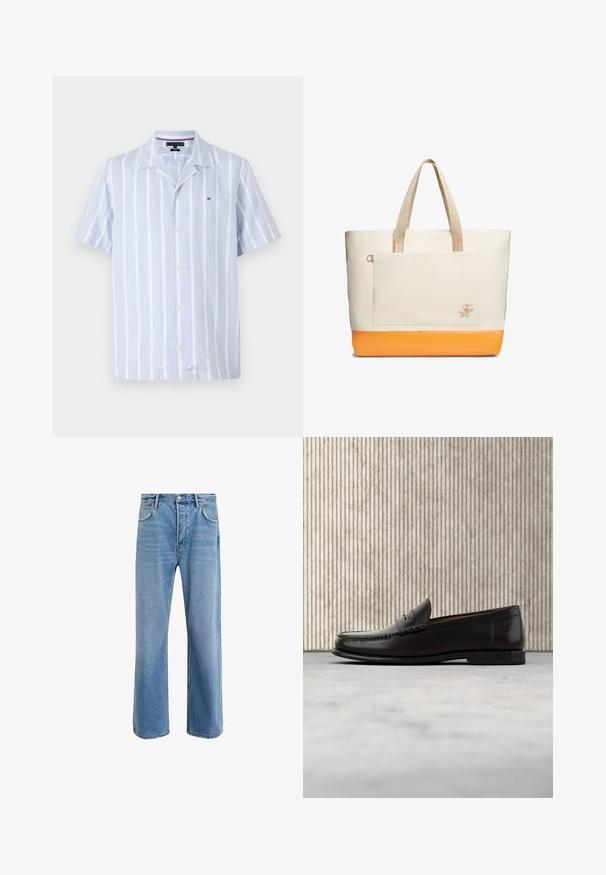 Lysblå kortærmet skjorte med hvide lodrette striber, knapfrontdesign, nedslået krave og lille logo på brystet.; Lyseblå denim jeans med lige ben-design, fem lommer, knaplukning, minimal falming og kontraststingdetaljer.; Sort læder penny loafer med lav hæl, rundet tå og syningsdetaljer langs fronten og siderne, vist på neutral baggrund.; Stor beige lærredstaske med orange bund, beige håndtag, forlomme og små broderede initialer på lommes hjørne.
