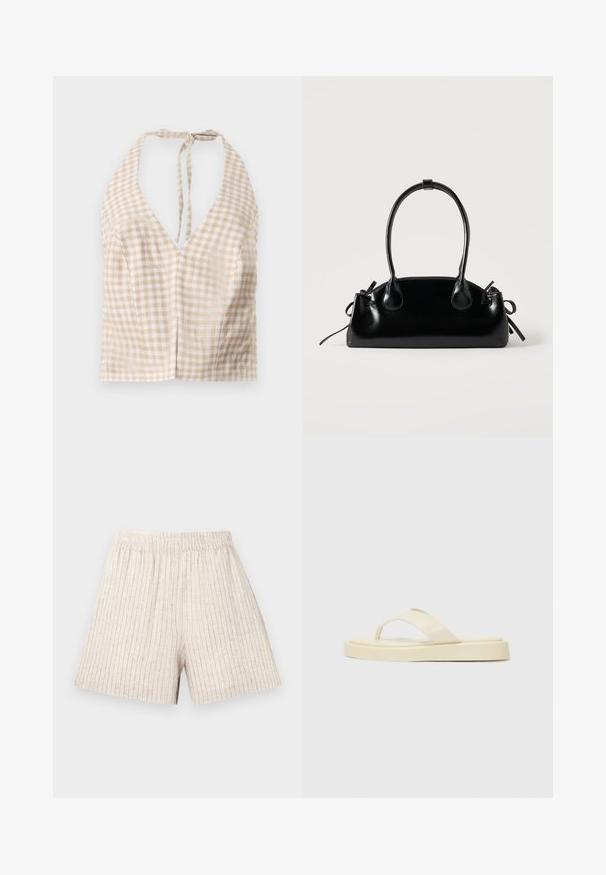 Haut halter raccourci en vichy beige et blanc avec un décolleté en V profond, fermeture à nouer dans le dos et légère texture. Deux petites coutures à l'avant ajoutent un détail.; Bermudas beige clair avec texture en côtes verticales, taille élastique et coupe décontractée. Le tissu est doux et respirant.; Sandales tongs plates en jaune clair. Fabriquées en caoutchouc lisse avec deux sangles diagonales et une semelle épaisse pour le confort et la durabilité.; Petit sac à main noir brillant avec deux longues anses et des détails à cordon sur les côtés sur un fond clair uni.