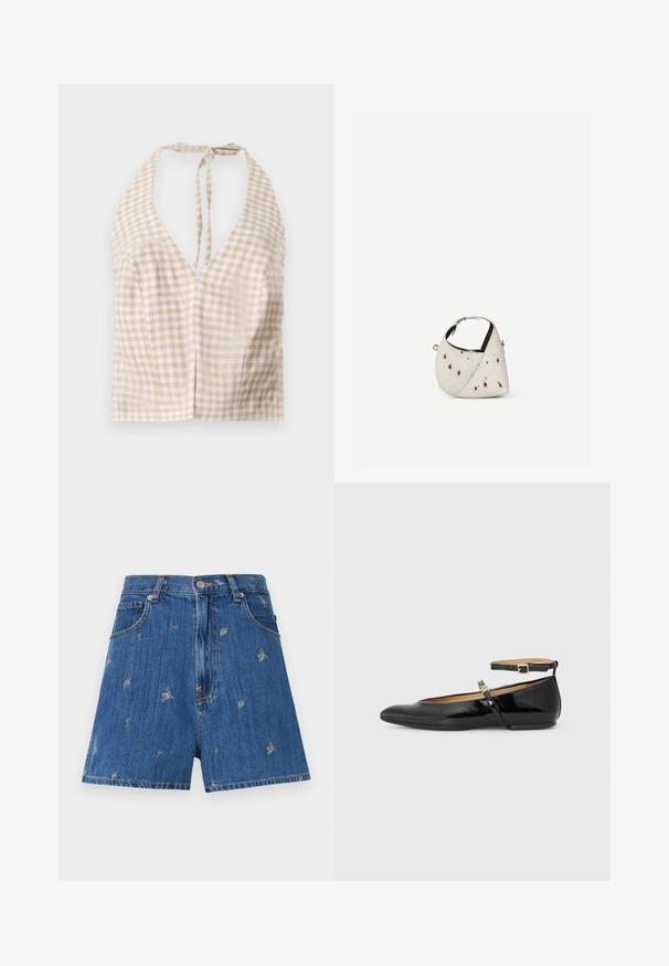 Beige und weiße Karo-geschnittene Haltertop mit tiefem V-Ausschnitt, Bindebandverschluss und leichter Textur. Zwei kleine Frontnähte sorgen für Details.; Jeansshorts in mittelblau mit gestickten Blumen- und Schmetterlingsmustern. Verfügt über das klassische Fünf-Taschen-Design und einen Knopfverschluss.; Schwarze Lackleder-Ballerinas mit runder Zehenform, Knöchelriemen und kleiner Schnallendetail. Glatte Textur und minimalistisches Design.; Kleine weiße Handtasche mit braunen Flecken, abgerundete dreieckige Form, schwarze Innenfutter und kurzer verstellbarer Riemen mit silberner Schnalle.